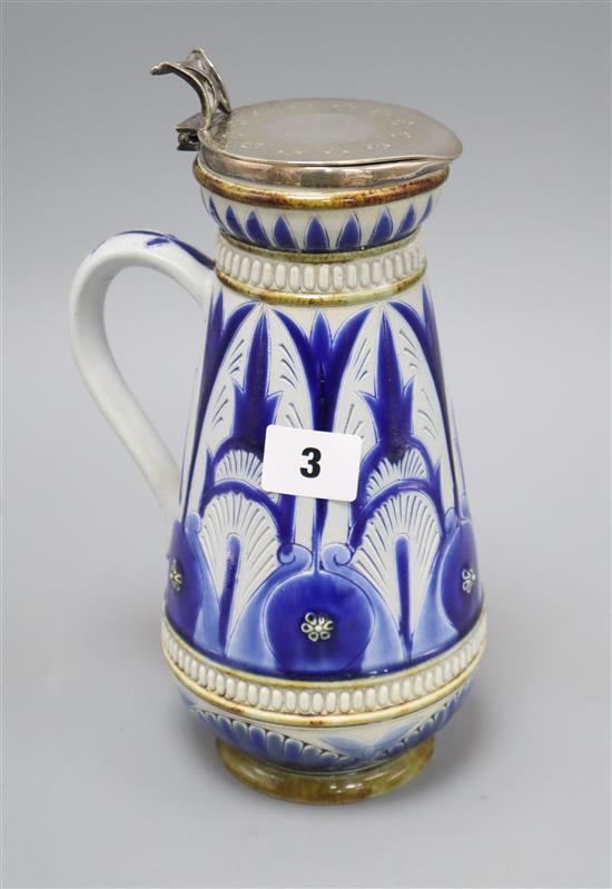 Florence E Barlow for Doulton Lambeth - a foliate incised jug with plated mount, dated 1879, height 25.5cm